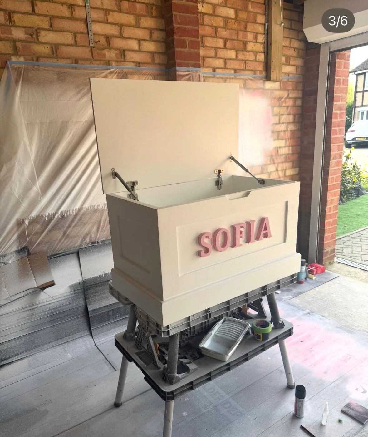 Handcrafted toy box during finishing